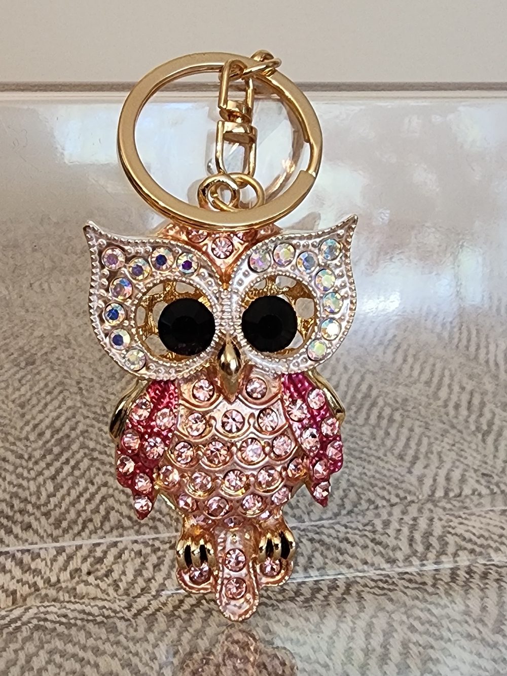 Adorable Blingy Gold-Tone Pink Crystal Owl Keychain/bag Charm